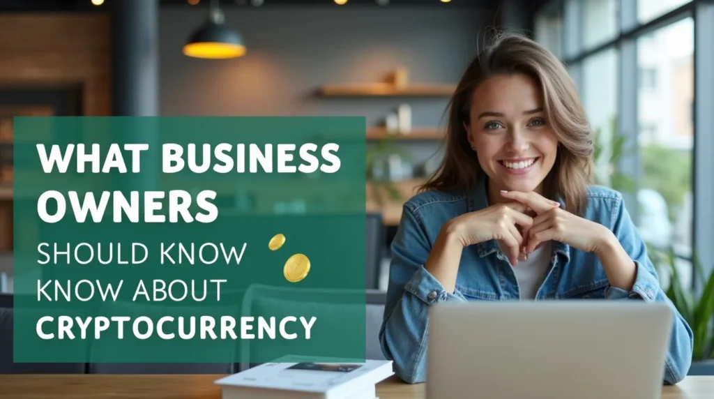 An image about "WHAT BUSINESS OWNERS SHOULD KNOW ABOUT CRYPTOCURRENCY" that shows a young, trendy entrepreneur in their mid-twenties, with a laptop and a few cryptocurrency books on their desk